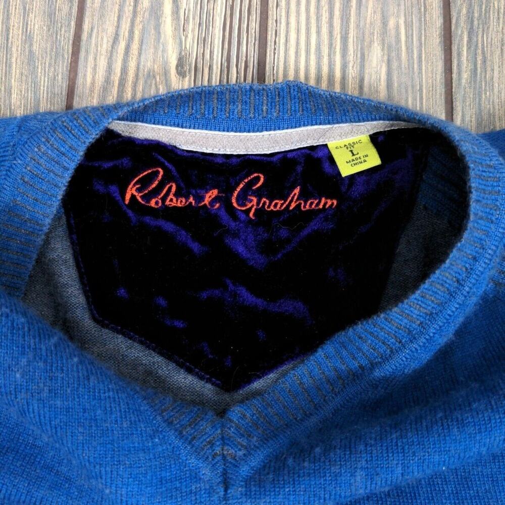 Robert Graham Men Blue Cashmere Wool Tight Knit V-Neck Long Sleeve Sweater Sz L